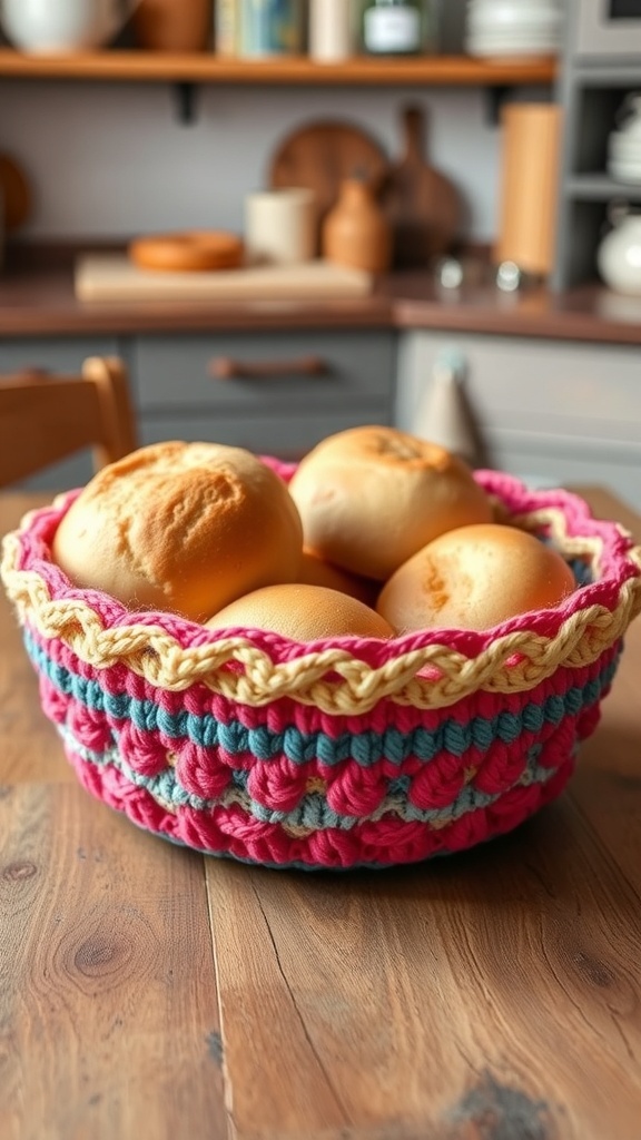 A colorful crochet bread basket filled with bread rolls on a wooden table.